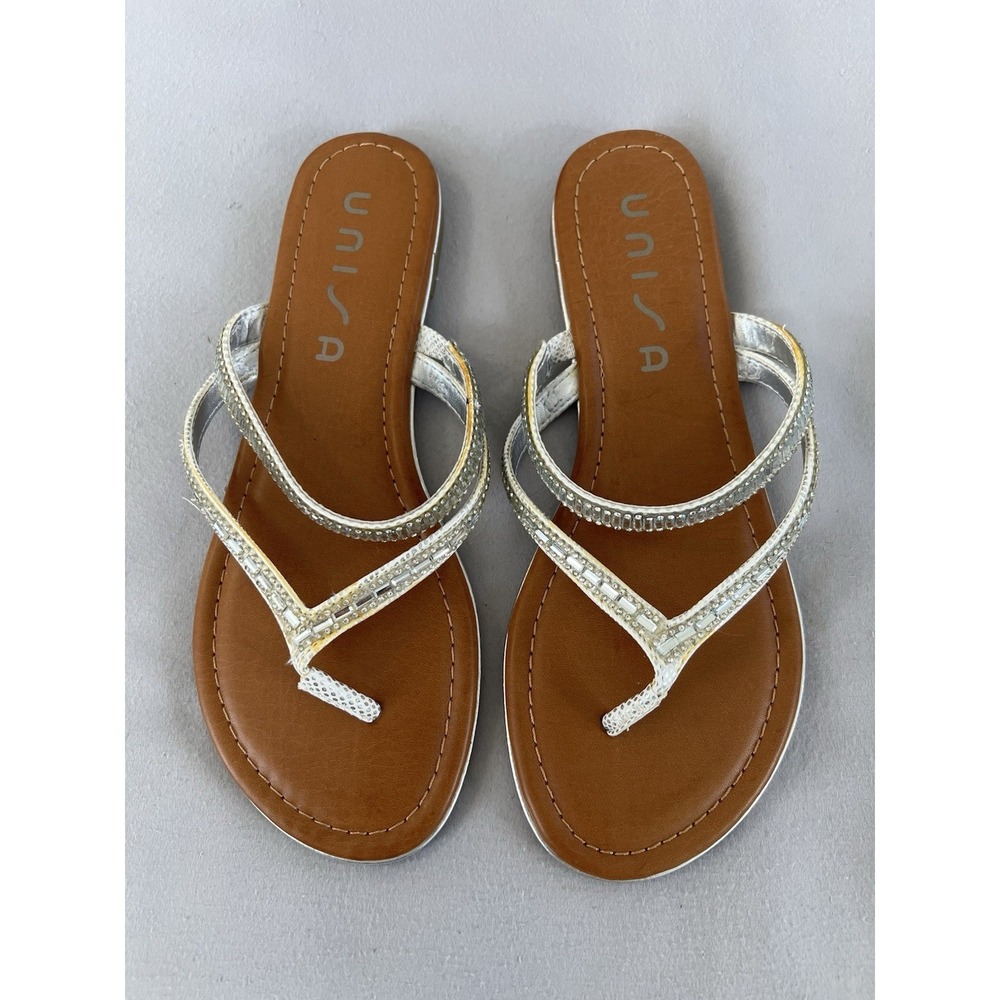 Unisa Silver Bling Thong Sandals Rhinestone Flats Women's Size 8.5 NWOB